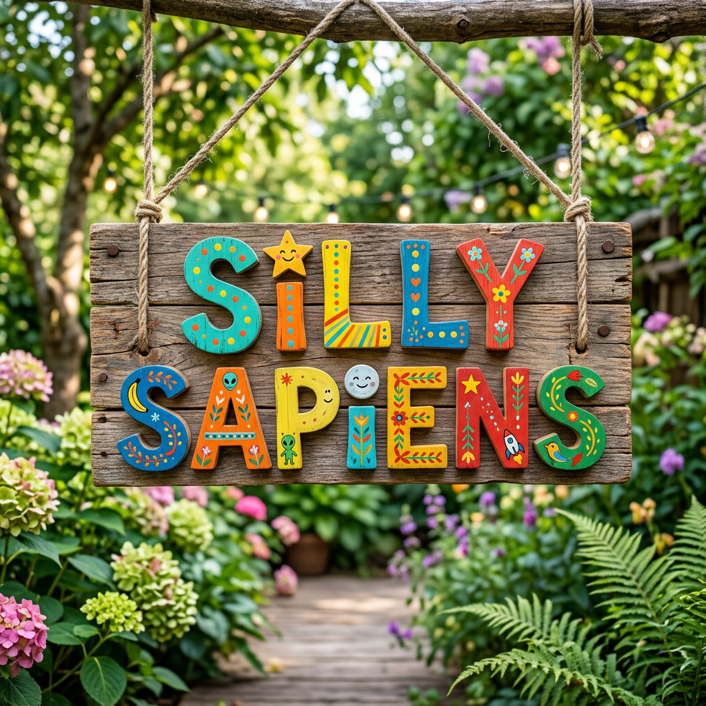 Wooden sign hanging by rope with colorful, decorated letters spelling SILLY SAPIENS